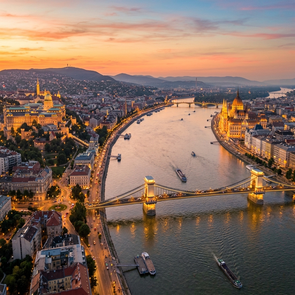 Budapest cityscape — the Danube River, Chain Bridge, and Parliament Building at golden hour